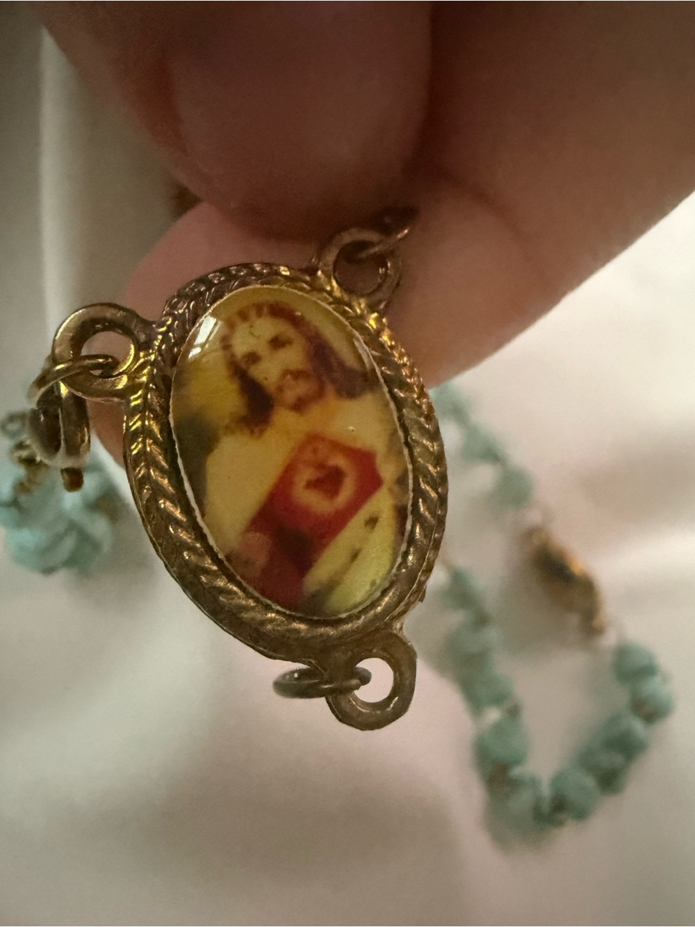 Catholic Rosary Necklace Turquoise Color Beads Religious Saint Medals Gold Tone